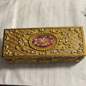 Vintage Gold Jewelry Box with Floral Design